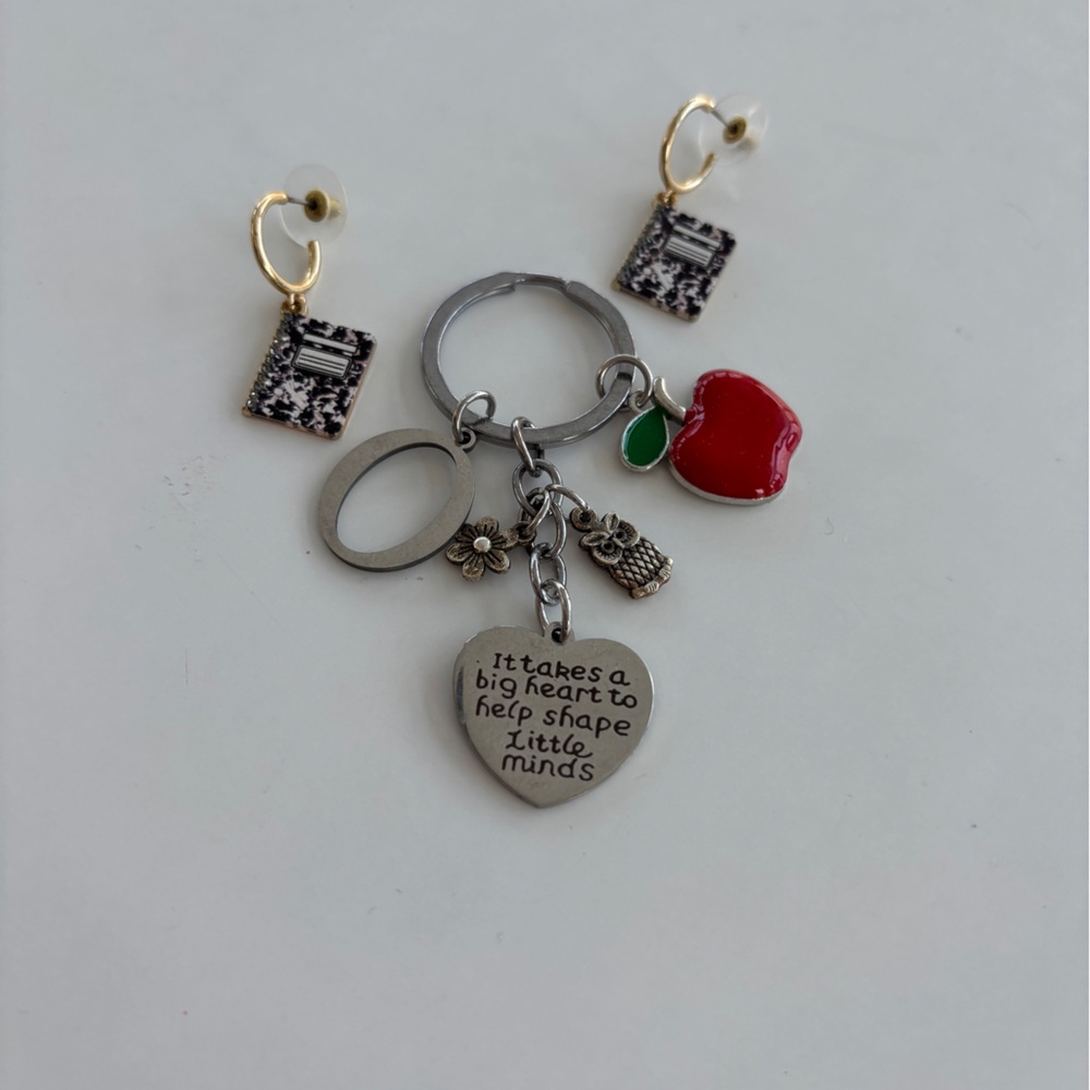 Teacher Appreciation Silver Keychain with Red Apple Charm and Earrings set
